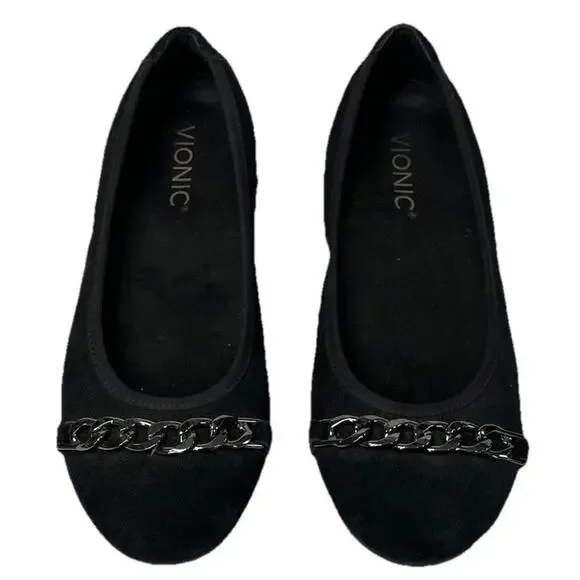 Vionic Pera Womens 6.5 Black Suede Ballet Flats Chain Accent Shoes Slip On - Picture 2 of 8